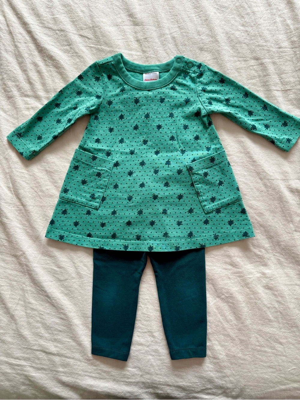 Hanna Andersson Baby Girl Green Forest Printed Pocket Dress & Legging Set 6-12M